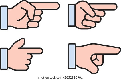 Conjunto de manos que apuntan del estilo de la historieta en diversos gestos – iconos planos del vector para la navegación, la interfaz de usuario, y el diseño instruccional