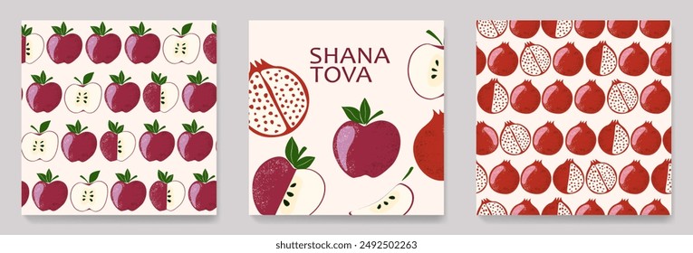 Set of cartoon style postcards for Jewish holiday Rosh Hashanah with seamless pattern of apples and pomegranates. Set of vector backgrounds for design of postcards, greetings, textiles, packaging.