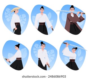Un conjunto de samuráis de dibujos animados que muestran varias poses con espadas. Personajes con ropa tradicional en primer plano sobre un fondo redondo azul. Y perfecto para temas de artes marciales.