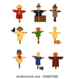 Set of cartoon style scarecrows isolated