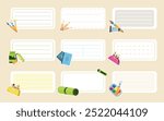 Set of cartoon style school stickers. Vector illustration of beautiful school notebook stickers with brushes, paints, pencils, textbooks, pencil cases, eraser, marker isolated on beige background.