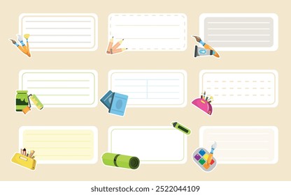 Set of cartoon style school stickers. Vector illustration of beautiful school notebook stickers with brushes, paints, pencils, textbooks, pencil cases, eraser, marker isolated on beige background.