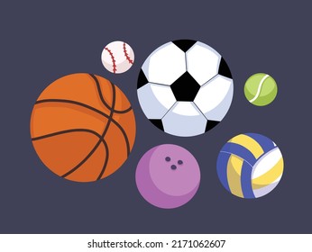 Set of cartoon style sport ball vector illustration, from basketball, soccer, volleyball, bowling ball, tennis ball, and baseball. 