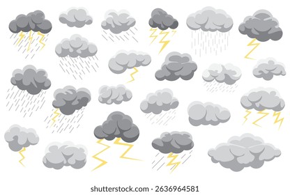 Set of cartoon style storm gray clouds featuring rain and yellow lightning in flat vector style. Cloud icons perfect for use in weather apps, eco educational materials or childrens illustrations