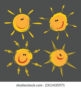 Set of cartoon style suns with eyes and smiles.
