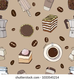 Set of Cartoon Style Sweets. Vector Illustration seamless pattern Hand Drawn Caffeine Drinks. Hot and Fresh Black Coffee. Coffee Ice Cream