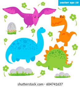 Set of cartoon style vector dinosaurs. Isolated on white background. Element for kids book, sticker, children room decoration, print.