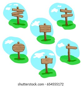 Set of cartoon style  vector wooden sign standing in grass. Round, arrow and square shapes blank wooden signpost collection