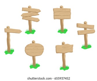 Set of cartoon style vector wooden sign isolated on white background. Round, arrow and square shapes blank wooden signpost collection