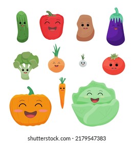 Set of cartoon style vegetables isolated on a white background. Vector illustration. Food characters with eyes and different emotions.  Templates for printing.