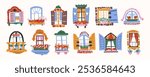 Set of cartoon style window frames. Different shapes of windows with shutters, curtains, window sills, balcony. Bright stickers, architectural design of the house facade. Plastic wooden windows 