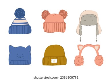 A set of cartoon style winter knitted hats. Doodle cap collection.
