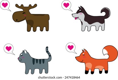 Set of Cartoon styled vector illustration of cute husky in love