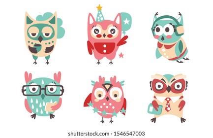 Set of cartoon stylish owls. Vector illustration.