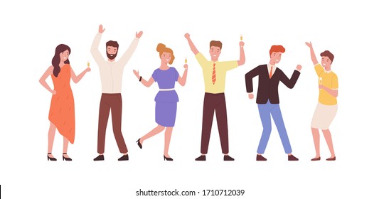 Set of cartoon stylish young people having fun vector flat illustration. Collection of colorful colleagues dancing and drinking champagne isolated on white background. Trendy office workers at party