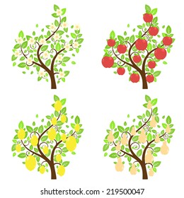 Set of cartoon stylized apple, lemon and pear trees.