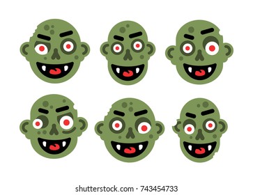 Set of cartoon stylized flat vector evil zombie faces. Vector illustration, isolated.