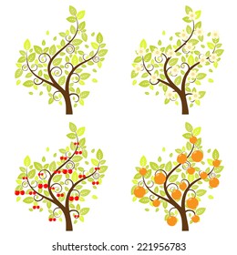 Set of cartoon stylized orange and cherry trees.