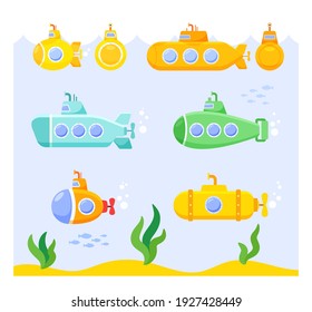 Set of Cartoon Submarines on Underwater Seascape Background with Weeds and Fish. Colorful Cute Water Transportation, Design Elements for Kids Design, Marine Vehicles Front, Side. Vector Illustration