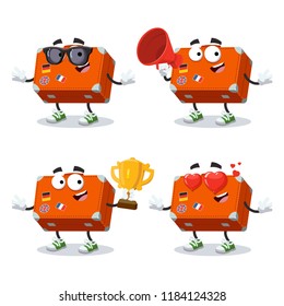 set of cartoon suitcase baggage character mascot on white background