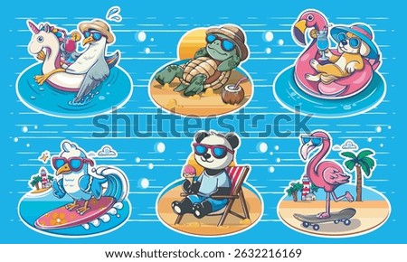 Set of cartoon summer beach stickers. Cute animals on vacation, beach season, shore, sun. Bright groovy funky summer animals. Seagull and dog drinking cocktail, panda eating ice cream, seagull surf