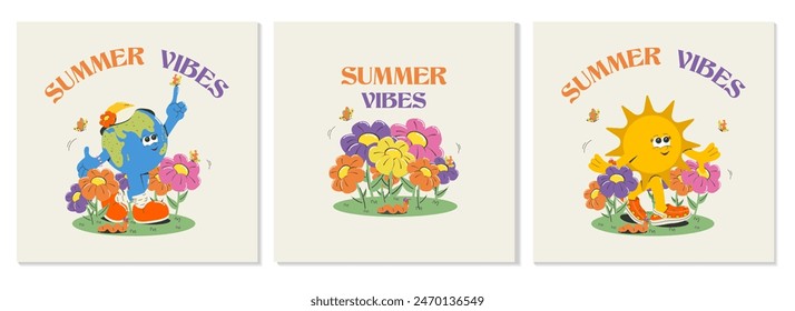 A set of cartoon summer cards: flowers, planet earth, the sun, butterflies. Suitable for prints on T-shirts, covers, posters, social media posts, festivals, markets. Vector illustration.