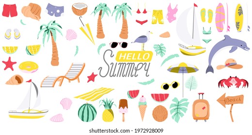 Set of cartoon summer elements. Collection of colorful beach items.  Bundle of summer vacation sticker icons. Holiday travel accessories. Cartoon vector illustration.
