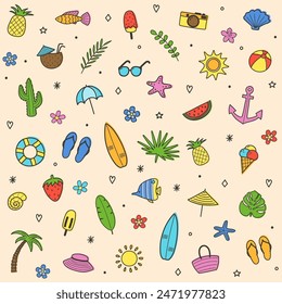 Set with cartoon summer elements. Design with colourful icons. Vector illustration