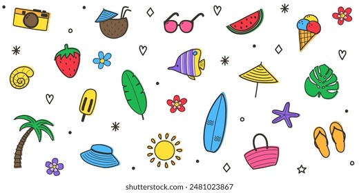 Set with cartoon summer elements. Design with colourful icons. Vector illustration