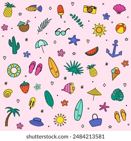Set with cartoon summer elements. Design with colourful icons. Vector illustration