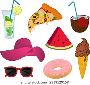Set of Cartoon Summer Elements. Vector Illustration of Refreshing Drinks, Ice Cream, Pizza, Watermelon, Donut, Beach Hat, and Sunglasses