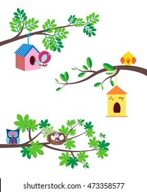 Set of cartoon summer or spring tree brunches with different leaves, birds and nesting boxes flat vector. Can be used as border, banner, wall decal or print.