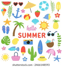 Set with cartoon summer stickers. Design with colourful icons. Vector illustration