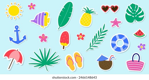 Set with cartoon summer stickers. Design with colourful icons. Vector illustration
