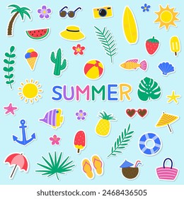 Set with cartoon summer stickers. Design with colourful icons. Vector illustration