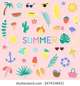 Set with cartoon summer stickers. Design with colourful icons. Vector illustration