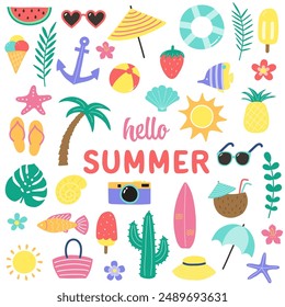 Set with cartoon summer stickers. Design with colourful icons. Vector illustration