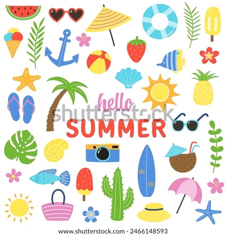 Set with cartoon summer stickers. Design with colourful icons. Vector illustration