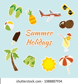 Set of cartoon summer stickers. Summer, holidays, vacation, relax. Isolated vector illustrations.