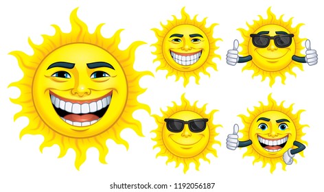 Set of Cartoon Sun Character with 5 expressions, isolated in white background_ Vector illustration EPS 10