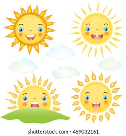 set of cartoon sun character and clouds on white. smiley faces for child theme illustrations. vector