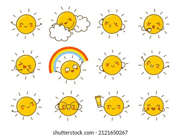 Juego de dibujos animados de los personajes de Sun aislados en blanco para el diseño divertido del verano