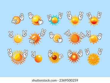 Set of Cartoon Sun. Collection of Cute Summer Sun Illustrations. All images are made in cartoon style. Vector Illustration of a Sunny Sun for Stickers, Baby Shower, Prints for Clothes