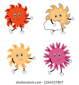 Set of cartoon sun with hands and legs. Sun mascot collection. Sunset, sunrise suns icons. Weather sticker.