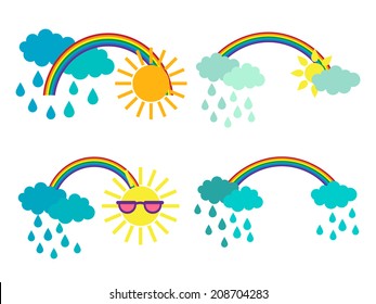 Set of cartoon sunny and rainy weather icons. Vector illustration. Flat design