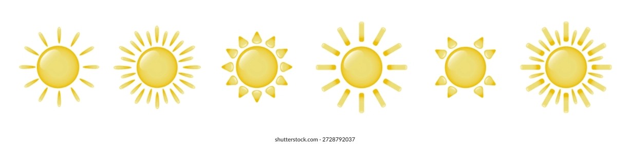 Eine Reihe von Zeichentricksonnen. Sechs Sonnensymbole mit verschiedenen Strahlen auf weißem Hintergrund. Retro-Logo in Form eines Halbkreises mit radialen Strahlen. Vektor-EPS 10.