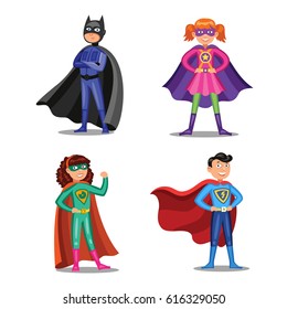 Set Of Cartoon Super Heroes. Boys And Girls In Superhero Costumes. Children Wearing Colorful Clothes. Vector Illustration