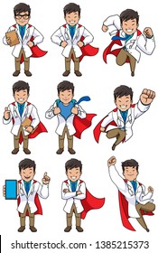 Set with cartoon superhero medical doctor in different poses.