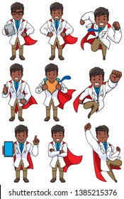 Set with cartoon superhero medical doctor in different poses.