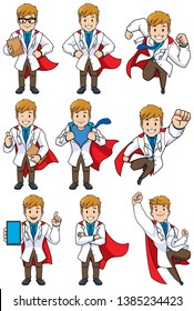 Set with cartoon superhero medical doctor in different poses.